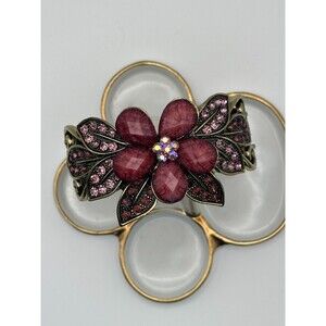 Signed LZ Vintage Floral Jewelry – Red Petals, Purple Stones & AB Center